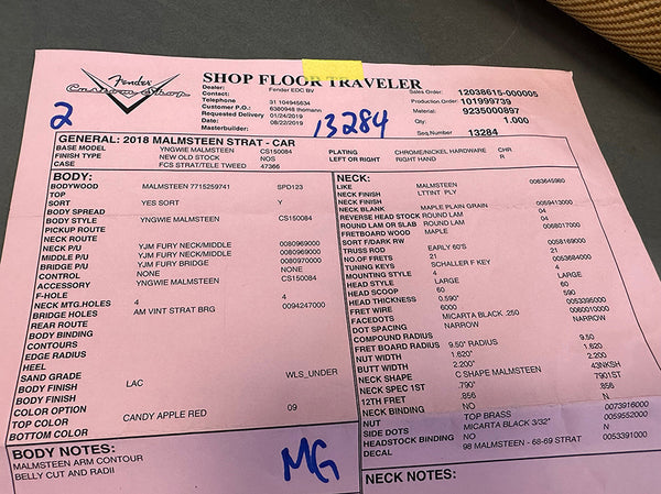 Fender Custom Shop 2018 Malmsteen Strat Candy Apple Red guitar shop floor traveler specification sheet showing detailed body, neck, and hardware information for Yngwie Malmsteen signature model