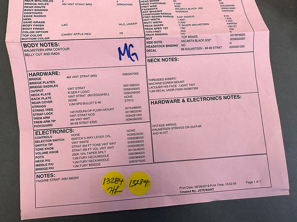 Close-up of a pink spec sheet detailing hardware, electronics, and notes for a Malmsteen model guitar including bridge, pickups, strings, controls, and custom body and neck features for a Coffee House Guitars listing.