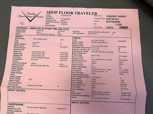 Fender Custom Shop Shop Floor Traveler guitar specifications sheet for 1960 Strat Relic RW C3TS model with alder body, relic finish, chocolate top color, maple neck with nitro lacquer, 21 frets, vintage medium fret wire, and vintage-style hardware.