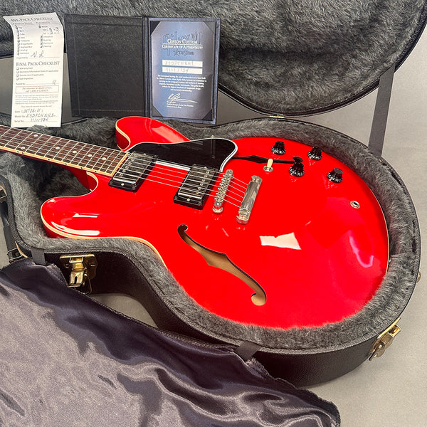 Gibson Custom Cherry Red ES-335 electric guitar in luxurious hardshell case with certificate of authenticity and inspection checklist from Coffee House Guitars
