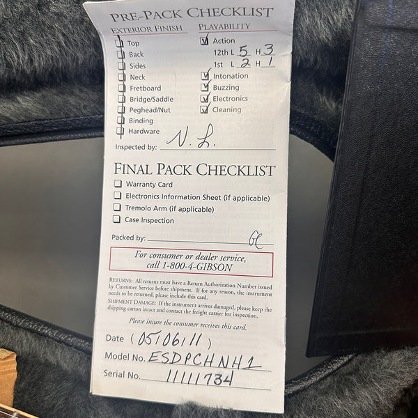 Gibson guitar pre-pack checklist for model ESDPCHNH1 with serial number 11111784, showing inspection details and playability settings in guitar case