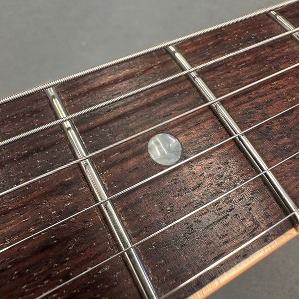 Close-up image of brown rosewood guitar fretboard with metal frets, six steel strings, and white dot inlay on second fret