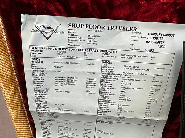 Fender Custom Shop limited edition 2019 RST Tomatillo Strat RW Relic guitar specification sheet with details about body, neck, pickups, hardware, and finish on red fabric background.