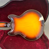 Sunburst semi-hollow electric guitar back with double cutaway, resting in red velvet guitar case