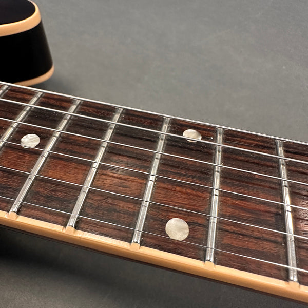 Close-up of polished rosewood guitar fretboard with metal frets and white dot inlays, cream binding visible on edge