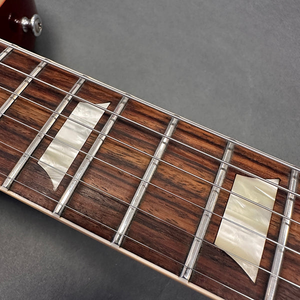 Close-up of rosewood guitar fretboard with mother-of-pearl block inlays and steel strings on electric guitar guitar neck