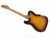 Back of sunburst solid body electric guitar with light maple neck and chrome tuning pegs on white background