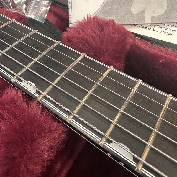 Close-up view of guitar fretboard and strings inside a plush burgundy guitar case with a warranty card visible in the background