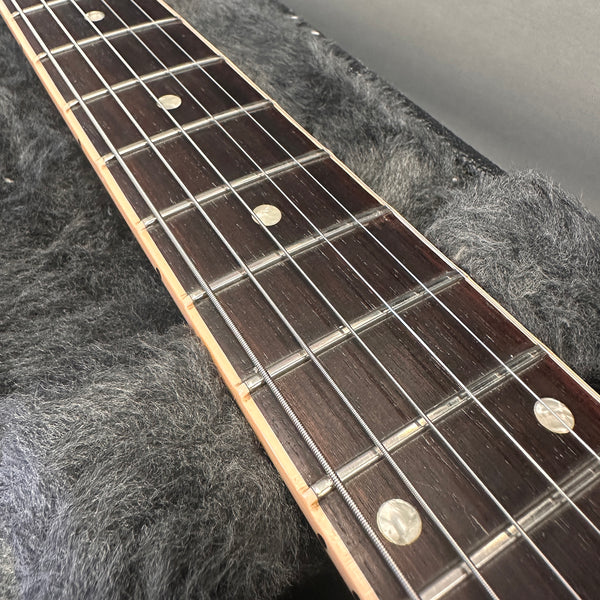 Close-up of a guitar fretboard with dot inlays, metal frets, and steel strings resting on a gray plush guitar case interior.