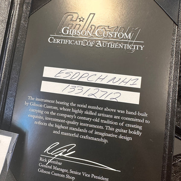 Gibson Custom Certificate of Authenticity for guitar with serial number ES0PCHNH1 13312712 signed by Rick Gembar Senior Vice President Gibson Custom Shop