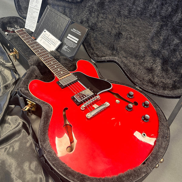 Gibson Custom Cherry Red Semi-Hollow Electric Guitar in protective black fur-lined hard case with certificate of authenticity and final pack checklist