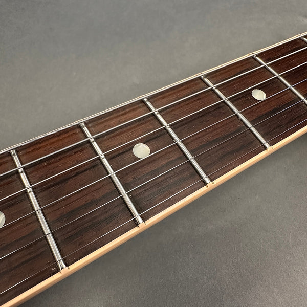 Close-up of rosewood guitar fretboard with metal frets and white dot inlays on a light wood edge background