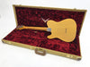 Back view of vintage yellow electric guitar inside open tweed hard case with red velvet lining from Coffee House Guitars