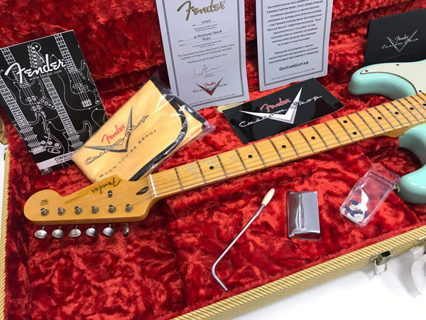 Fender Custom Shop 1959 Stratocaster guitar headstock and maple fretboard in tweed hard case with red plush lining, Fender Custom Shop cleaning cloth, whammy bar, and authenticity certificates.