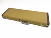 Rectangular tweed guitar case with brown leather corner accents and gold latches, closed on white background
