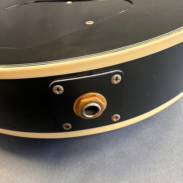 Close-up of black electric guitar output jack with cream binding and black plastic mounting plate.