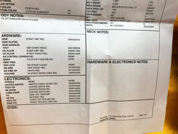 Fender Custom Shop Stratocaster specification sheet featuring Fiesta Red finish, 3 color sunburst pickguard, vintage relic hardware including Strat vintage relic bridge and saddles, 5-way lever switch, Coffee White relic switch tip, tone knob, and volume knob, 250K taper potentiometers, vintage Stratocaster pickups including 69 Strat neck pickup, Strat Fat 50's middle pickup, and Strat Texas Special bridge pickup, Strat vintage relic tremolo arm with white tip, 60 Strat nitro pickguard in gloss finish.