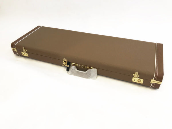 Brown hardshell guitar case with gold latches and a protective cover on the handle, branded with Fender logo, designed for electric guitars