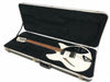 White Rickenbacker electric guitar with black pickguard and rosewood fretboard in black plush-lined hardshell guitar case