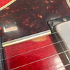 Close-up of red electric guitar body showing tortoiseshell pickguard, metal pickup, and guitar strings