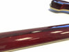 Close-up of a dark red gloss guitar neck showing scratches and wear on the finish, part of an electric guitar body visible on a white background.