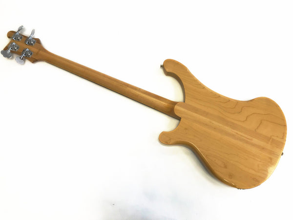 Back view of natural wood finish electric bass guitar with chrome tuning pegs on white background from Coffee House Guitars product listing