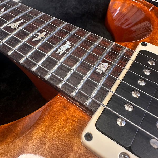 Close-up of electric guitar fretboard with bird inlays and humbucker pickup on a glossy wood finish guitar body at Coffee House Guitars