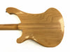 Back view of natural finished electric guitar body and neck showing wood grain and smooth contours on white background