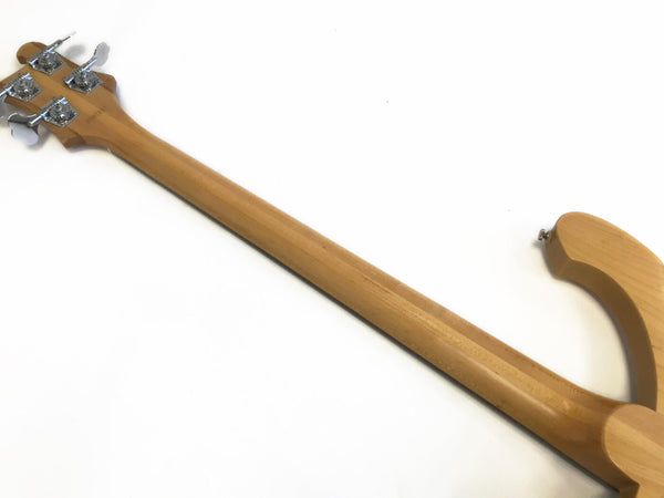 Back view of maple neck and headstock with chrome tuning pegs on electric bass guitar against white background