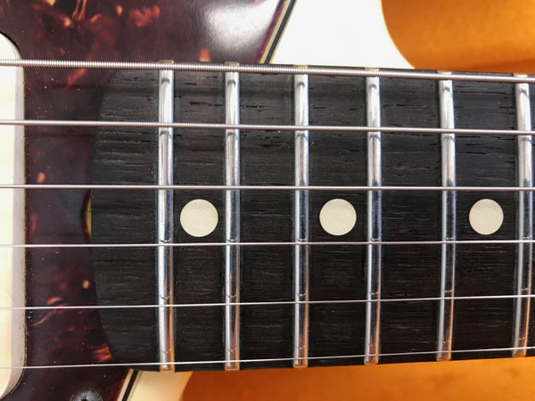 Close-up of bass guitar fretboard with metal frets, dot inlays, and metal strings on dark wood fingerboard