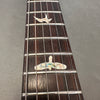Close-up of dark wood guitar fretboard with silver frets, six guitar strings, and bird-shaped mother-of-pearl inlays on the neck from Coffee House Guitars.