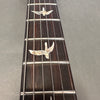 Close-up view of rosewood guitar fretboard with bird-shaped mother of pearl inlays and metal frets and strings