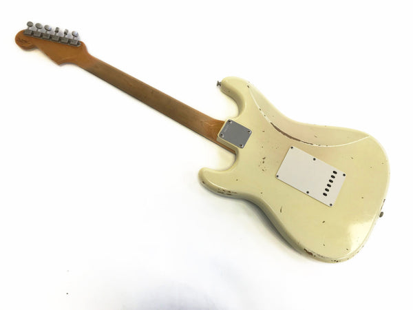 Vintage white electric guitar with maple neck and visible wear on body back, Coffee House Guitars product listing image