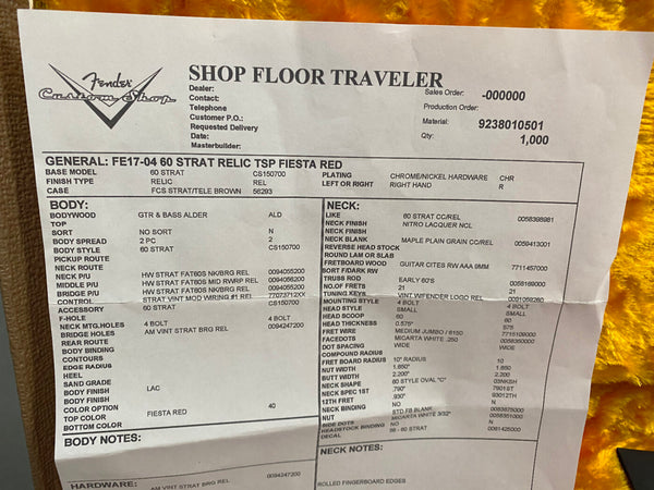 Fender Custom Shop Shop Floor Traveler spec sheet for FE17-04 60 Strat Relic TSP Fiesta Red guitar with alder body, relic finish, chrome/nickel hardware, maple neck with nitro lacquer, and vintage Fender pickups.