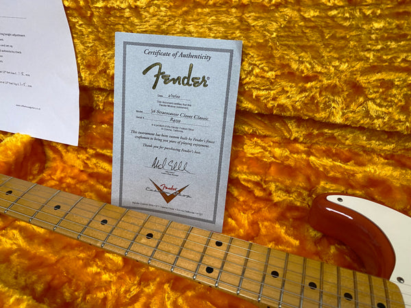 Fender Certificate of Authenticity for '56 Stratocaster Closet Classic with maple neck and orange plush guitar case interior from Coffee House Guitars.