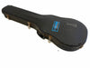 Vintage black Gibson hard guitar case with worn leather latches and BOSS sticker on top, rectangular handle, and scuffed exterior surface on white background.