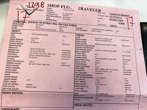Fender Custom Shop guitar specification sheet for 63 Strat Relic model with Fiesta Red faded finish, alder body, maple neck with nitro lacquer, 60s style tuning keys, 21 frets, 9.5 inch fretboard radius, vintage style pickups and hardware, right hand orientation.