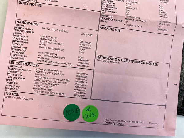 Coffee House Guitars product specification sheet showing detailed hardware and electronics parts for a 63 Stratocaster including bridge, neck plate, strings, trem arm, pickguard, controls, selector switch, tone and volume knobs with vintage and modern wiring details.