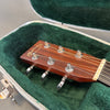 Close-up of Martin & Co guitar headstock with tuning pegs inside green plush-lined guitar case