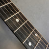 Close-up of acoustic guitar fretboard with metal frets and dot inlays on rosewood fingerboard with bronze and steel strings