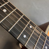 Close-up of acoustic guitar fretboard showing metal frets, dot inlays, and bronze-wound strings on dark wood fingerboard