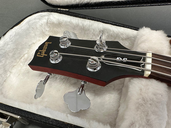 Close-up of Gibson bass guitar headstock with tuning pegs inside plush-lined hard case
