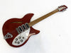 Vintage red Rickenbacker electric guitar with four pickups and white pickguard on white background