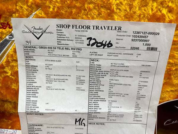 Fender Custom Shop Shop Floor Traveler specification sheet for 1963 Telecaster Relic with Fiesta Red finish, alder body, maple neck with nitro lacquer, 21 frets, and chrome nickel hardware.