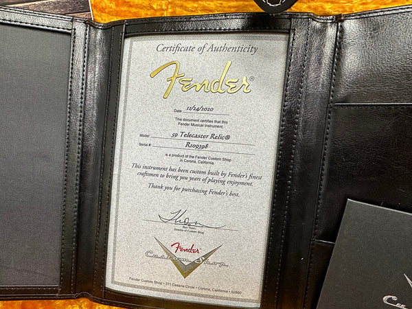 Fender Certificate of Authenticity for 59 Telecaster Relic model with serial number R100398 in black leather folder from Fender Custom Shop Corona California dated 11/24/2020