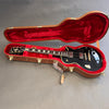 Black Gibson Les Paul electric guitar with gold hardware inside open brown hard shell case lined with red plush interior