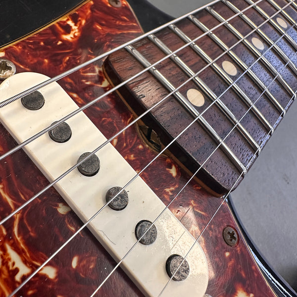 Close-up of electric guitar strings, white single-coil pickup, and rosewood fretboard with dot inlays on tortoiseshell pickguard background