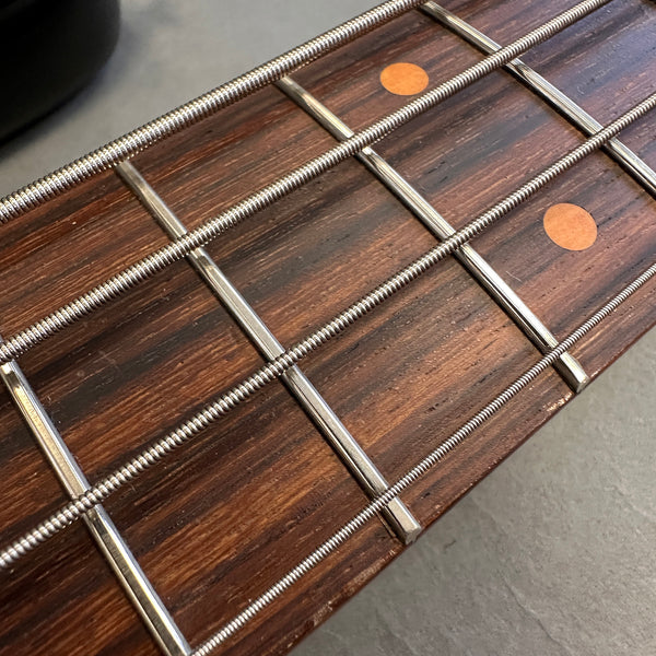 Close-up of bass guitar fretboard with metal frets, wound strings, and dot inlays on dark wooden fingerboard