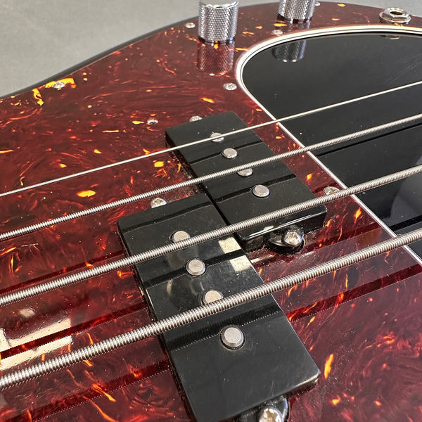 Close-up of electric bass guitar pickups and strings on tortoiseshell pickguard with chrome control knobs