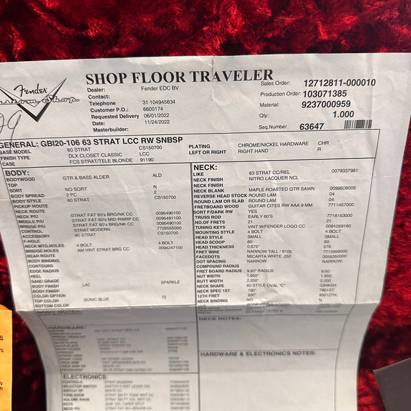 Fender Custom Shop Shop Floor Traveler guitar specification sheet for 63 Strat LCC RW SNBSP model with sonic blue sparkle finish and chrome nickel hardware detailed specifications.